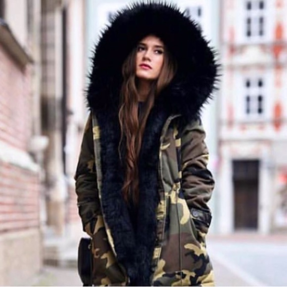 Black Faux Fur Trim Hood Army Camouflage Coat